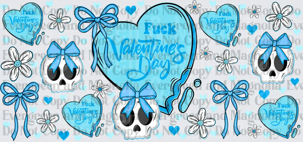 Fuck Valentine's Day Blue Skull Bow Heart Pattern