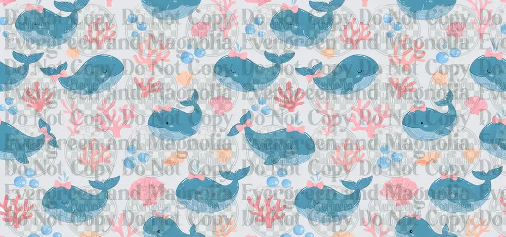 Cute Blue Whales Pink Bows Coral Seashells Ocean Pattern