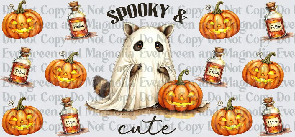 Spooky & Cute Raccoon Ghost with Jack-o-Lanterns and Potions