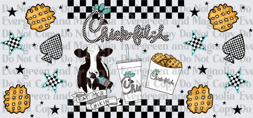 Checkered Fast Food Cow Eat Mor Chikin Waffle Fries Cup