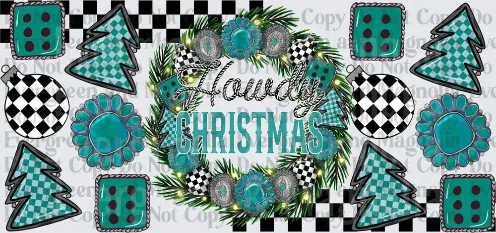 Howdy Christmas Western Turquoise Wreath Checkered