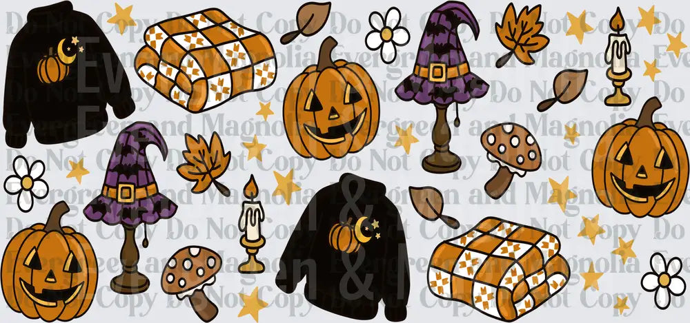 Cozy Halloween Icons Autumn Pumpkins Witch Hats Candles