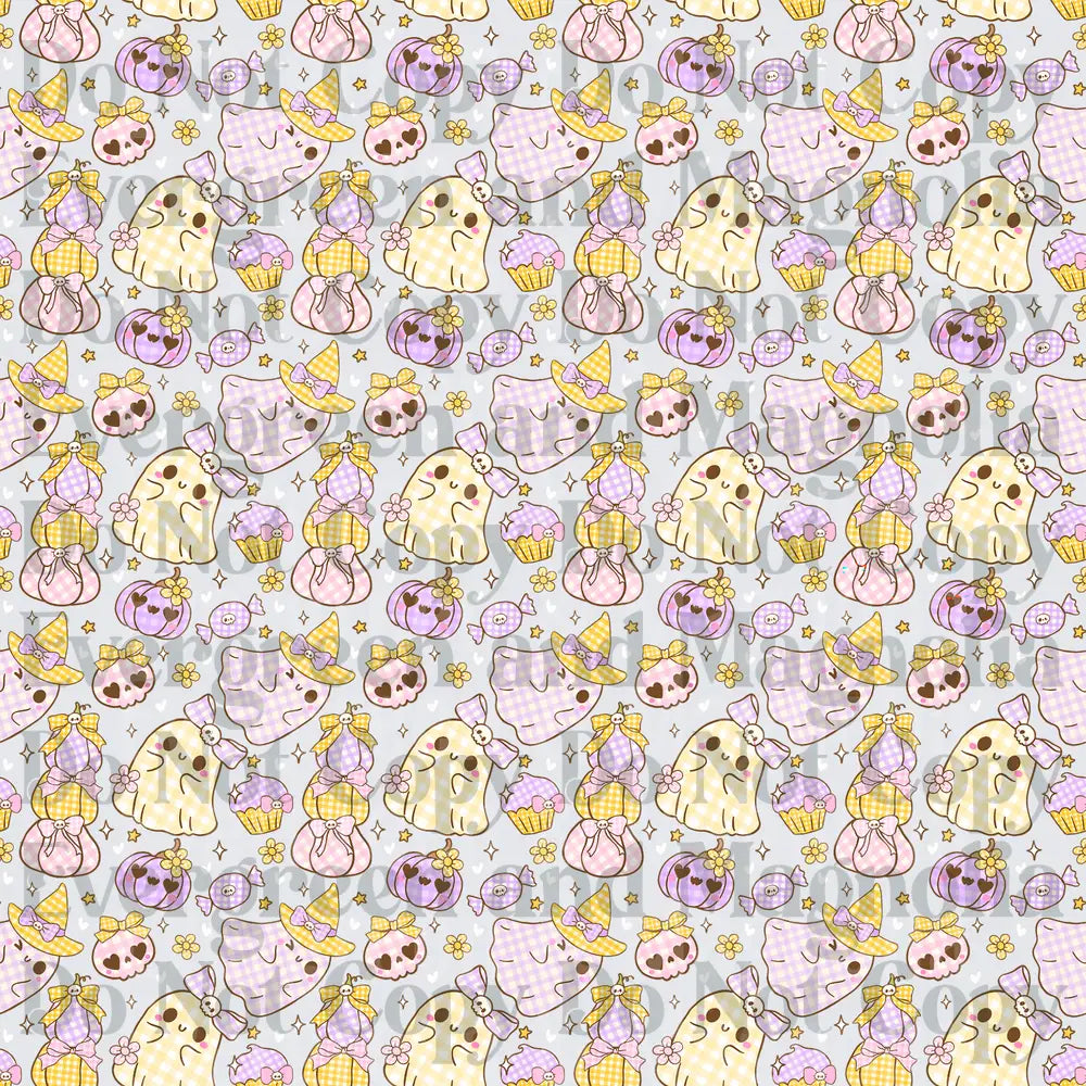 Pastel Halloween Kawaii Ghost Pattern with Pumpkins Candy