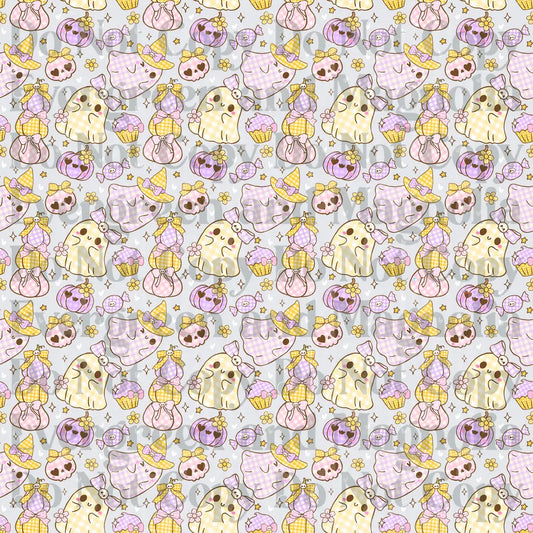 Pastel Halloween Kawaii Ghost Pattern with Pumpkins Candy