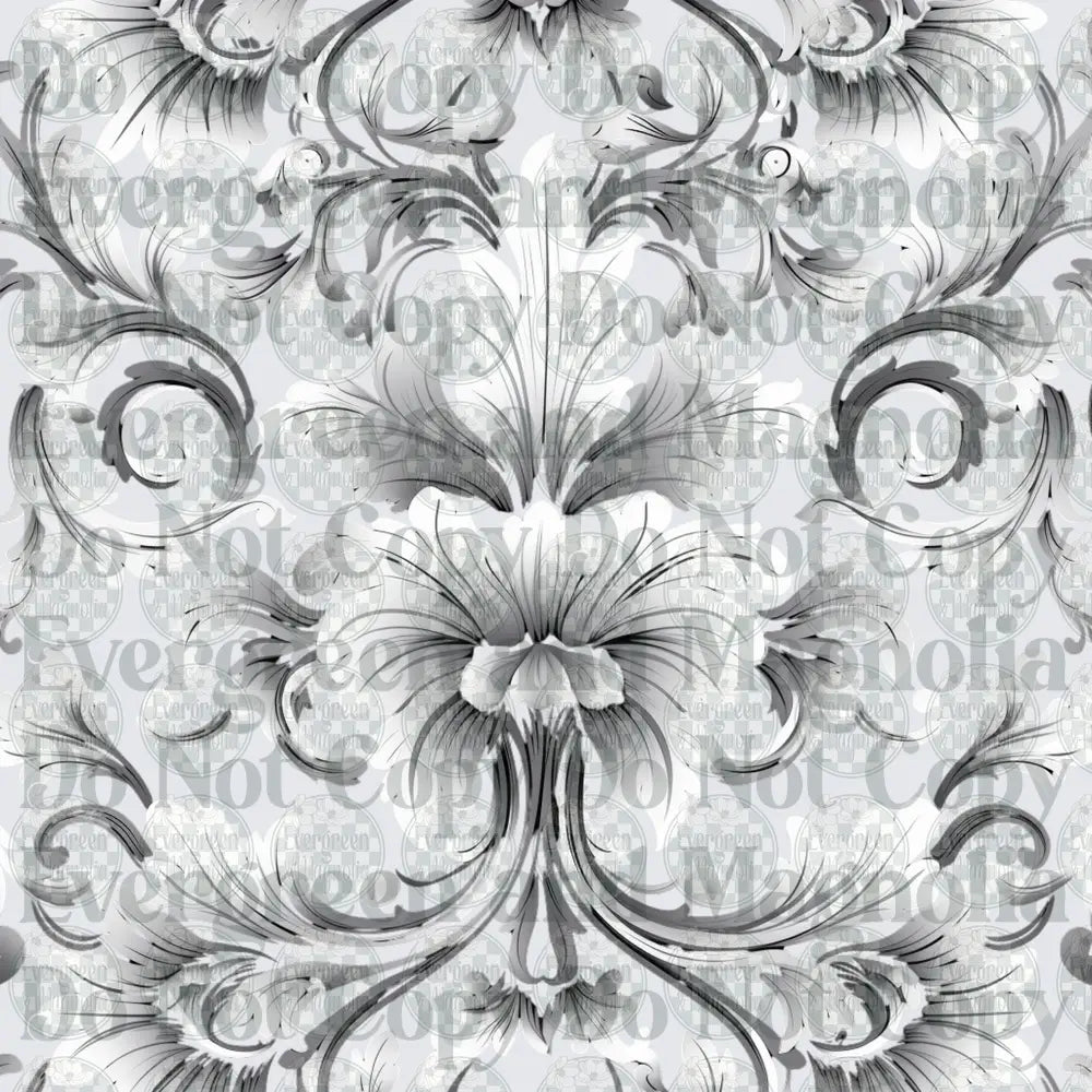 Elegant Gray Baroque Damask Floral Scroll Pattern