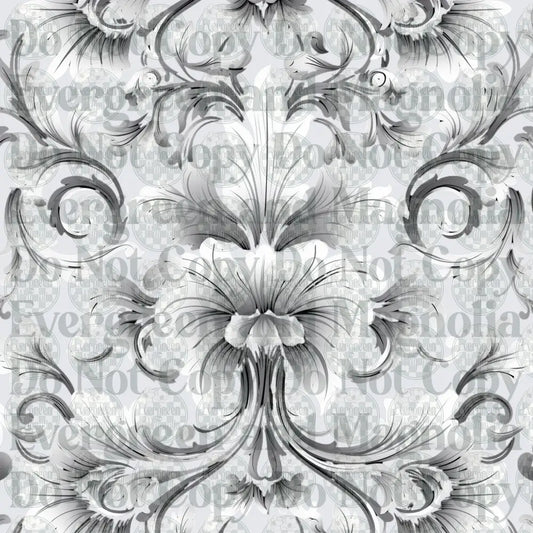 Elegant Gray Baroque Damask Floral Scroll Pattern