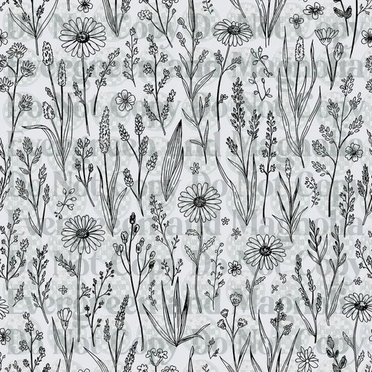 Black and White Wildflower Botanical Line Art Pattern