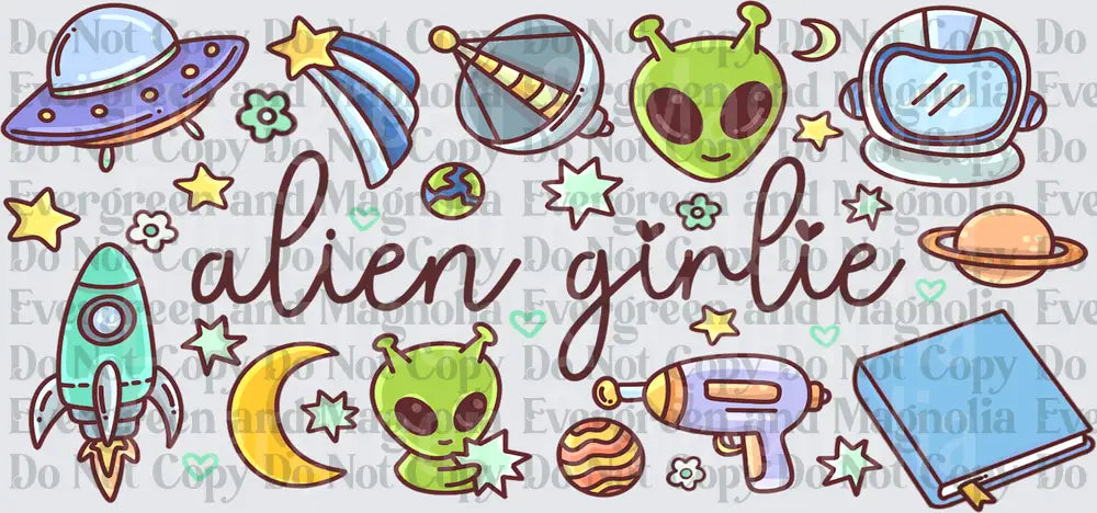 Alien Girlie Cute Space Script with UFO Rocket Saturn Icons