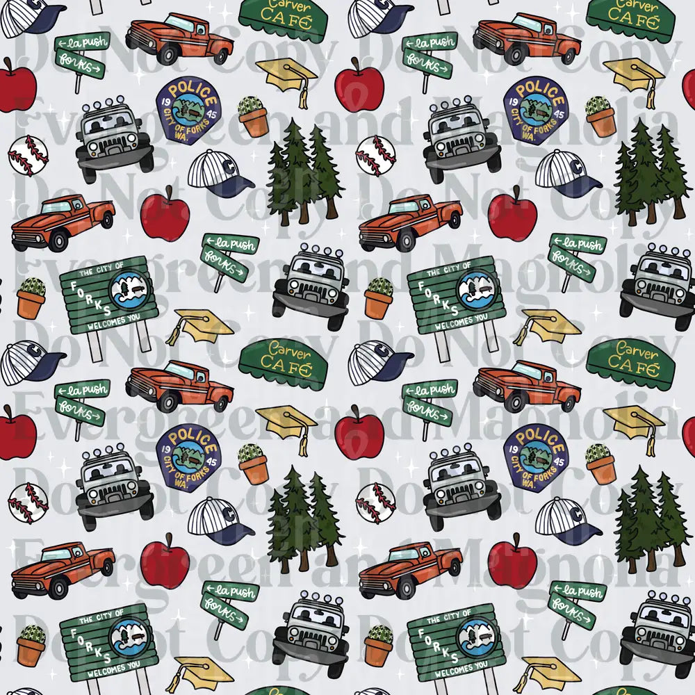Forks Washington Doodle Pattern with Police Badge and Signs