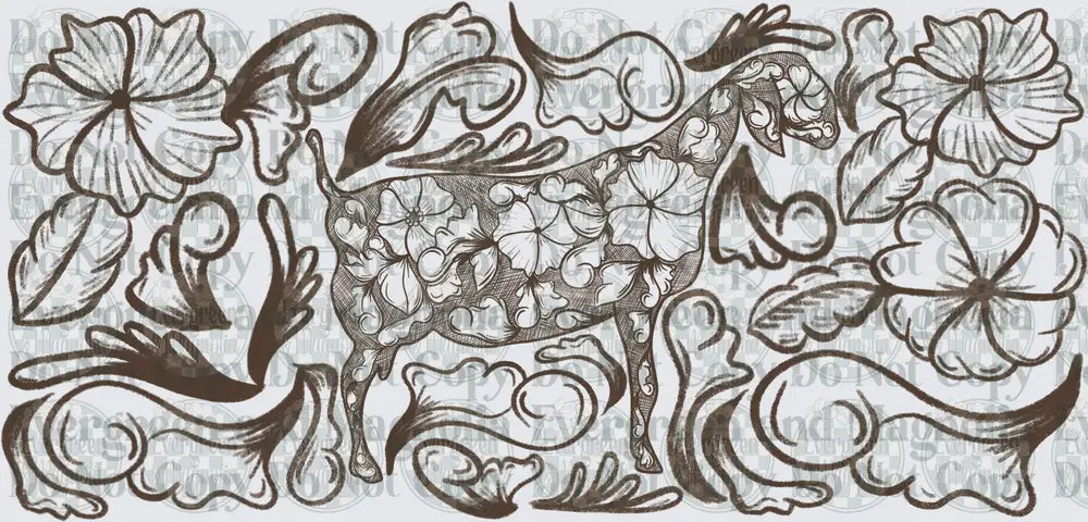 Floral Folk Art Deer with Botanical Scroll Elements