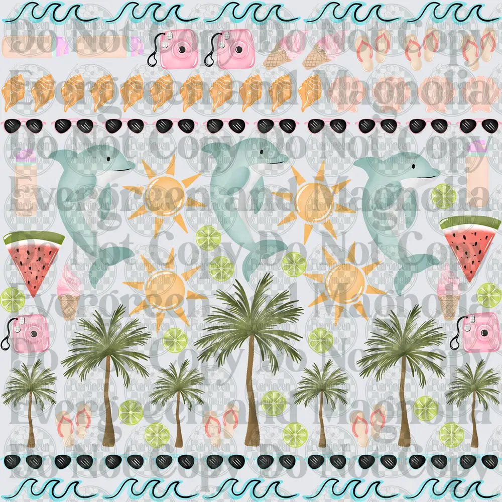 Summer Beach Dolphins Palm Trees Seashells Waves Pattern