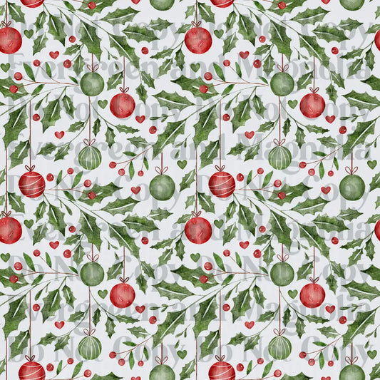 Watercolor Holly Berries Christmas Ornaments Seamless Pattern