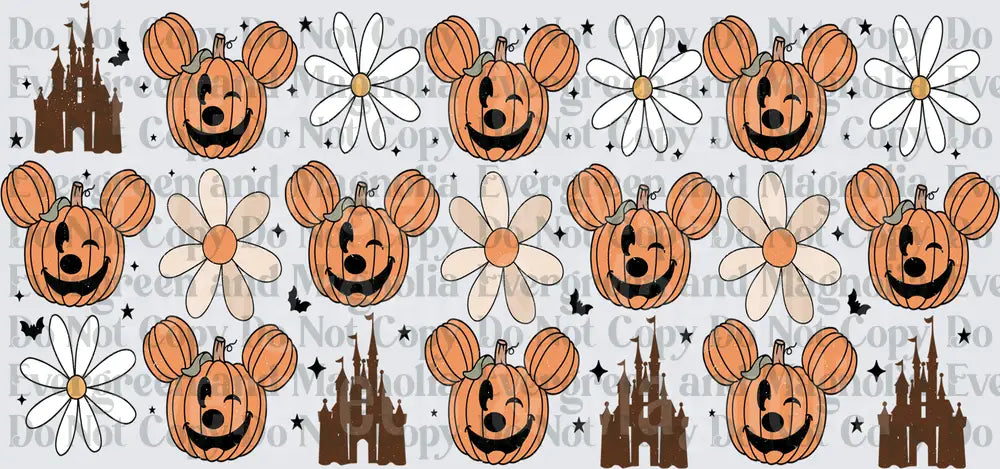 Halloween Pumpkin Mouse Ears Castle Daisy Seamless Pattern