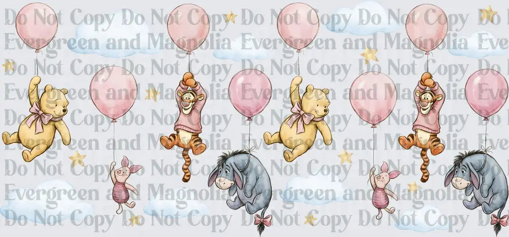 Classic Bear Friends Floating Pink Balloons Sky Scene
