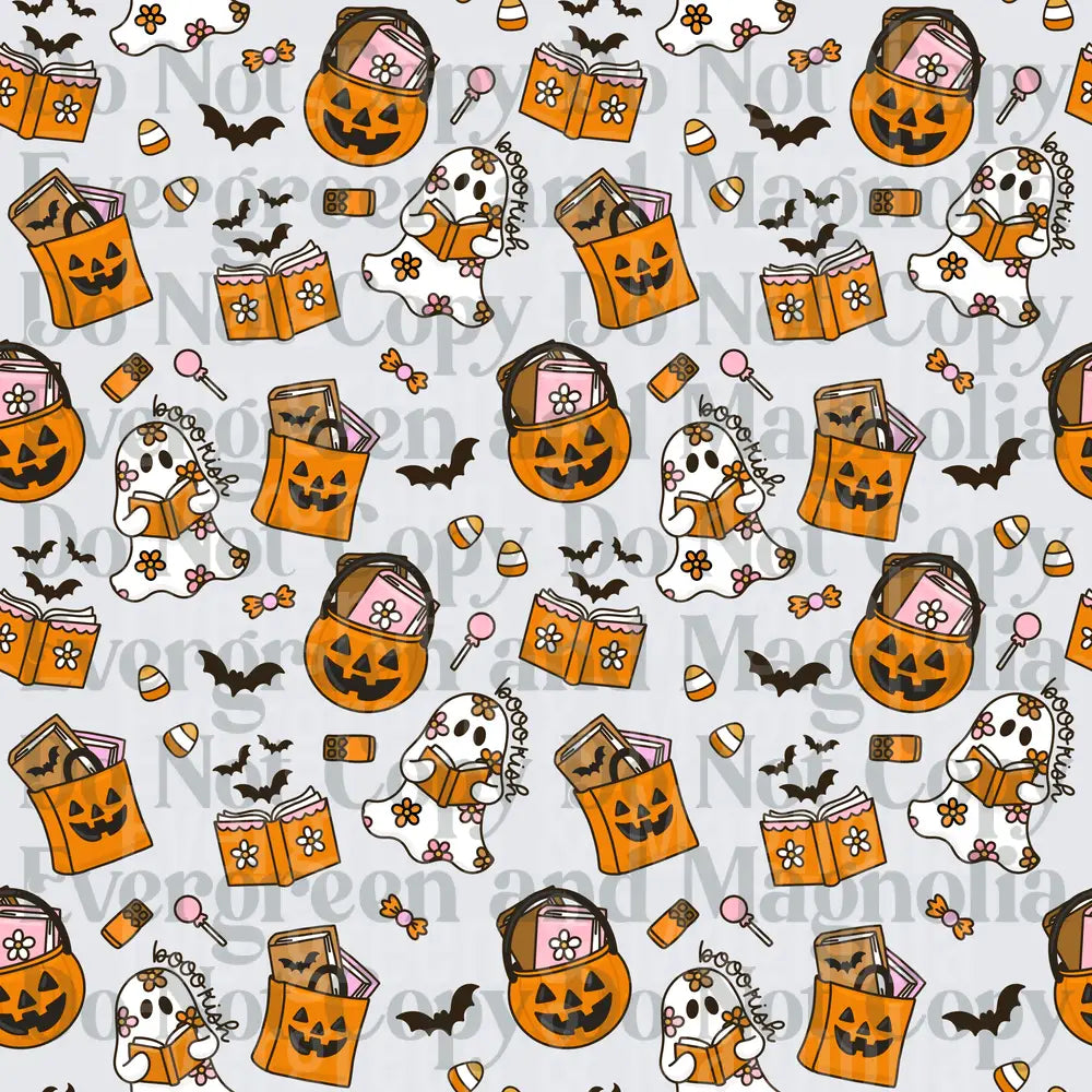 Halloween Ghost Reading Books Pumpkin Candy Pattern