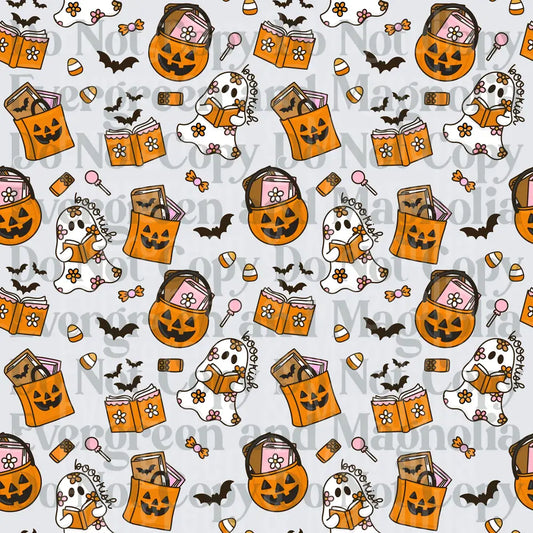 Halloween Ghost Reading Books Pumpkin Candy Pattern