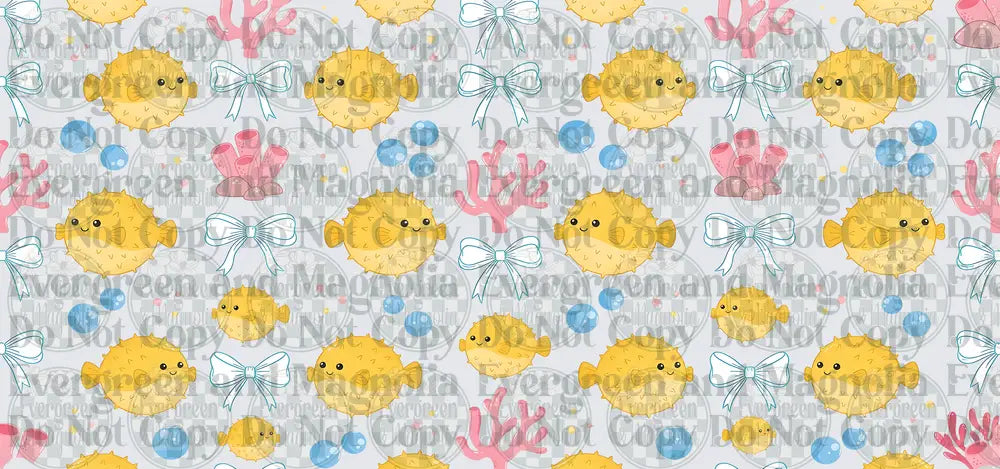 Kawaii Puffer Fish Pink Coral Bow Seamless Pattern