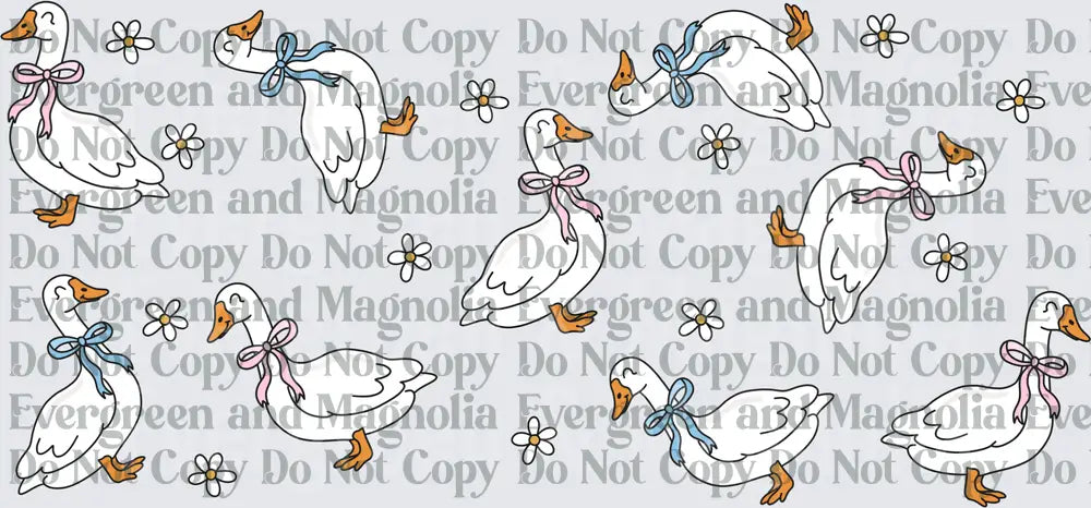 Cute White Geese with Pink and Blue Bows and Daisies Pattern