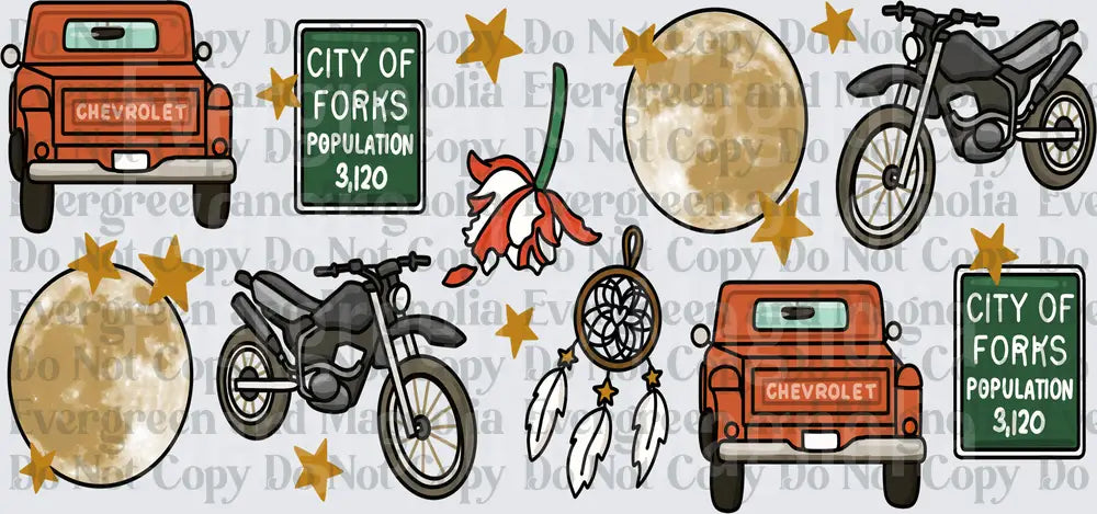 Forks Washington Icon Set Moon Truck Motorcycle Stars