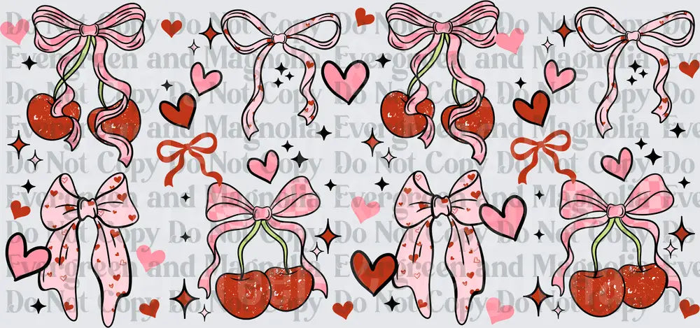 Valentine Cherries with Pink Bows Hearts and Sparkles