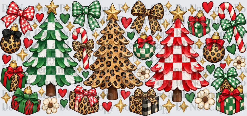 Patterned Christmas Trees Bows Gifts Holiday Collage Set
