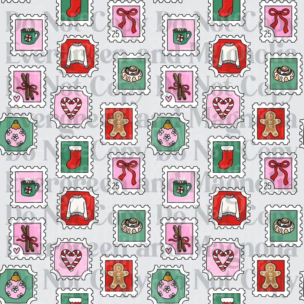 Christmas Stamp Collage Pattern Pink Green Holiday Icons