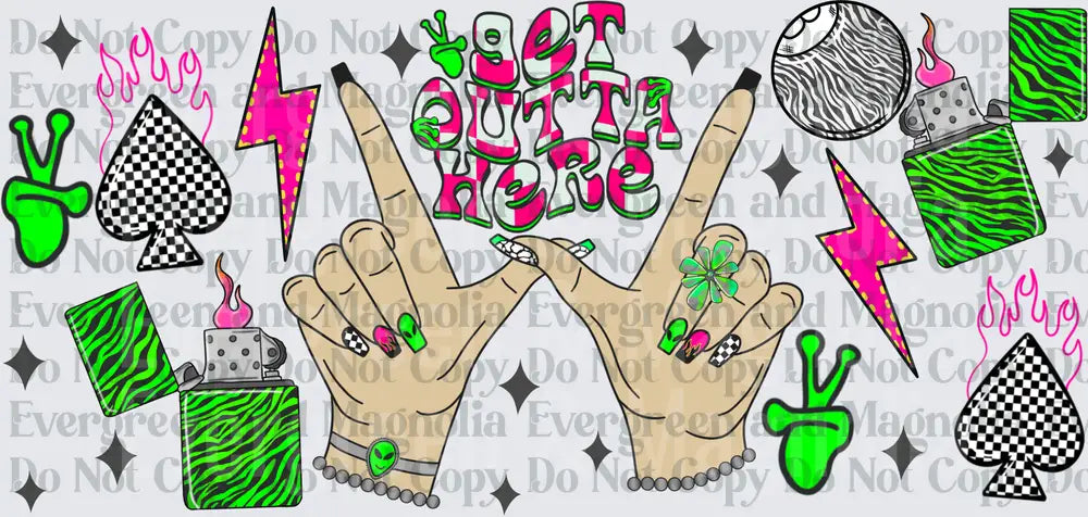 Get Outta Here Rock Hands Neon Green Pink Y2K Punk Collage