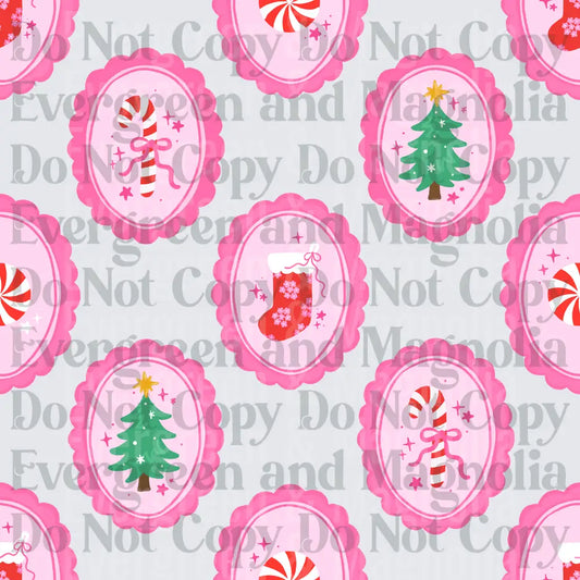 Pink Scallop Oval Christmas Icons Pattern Candy Cane Tree