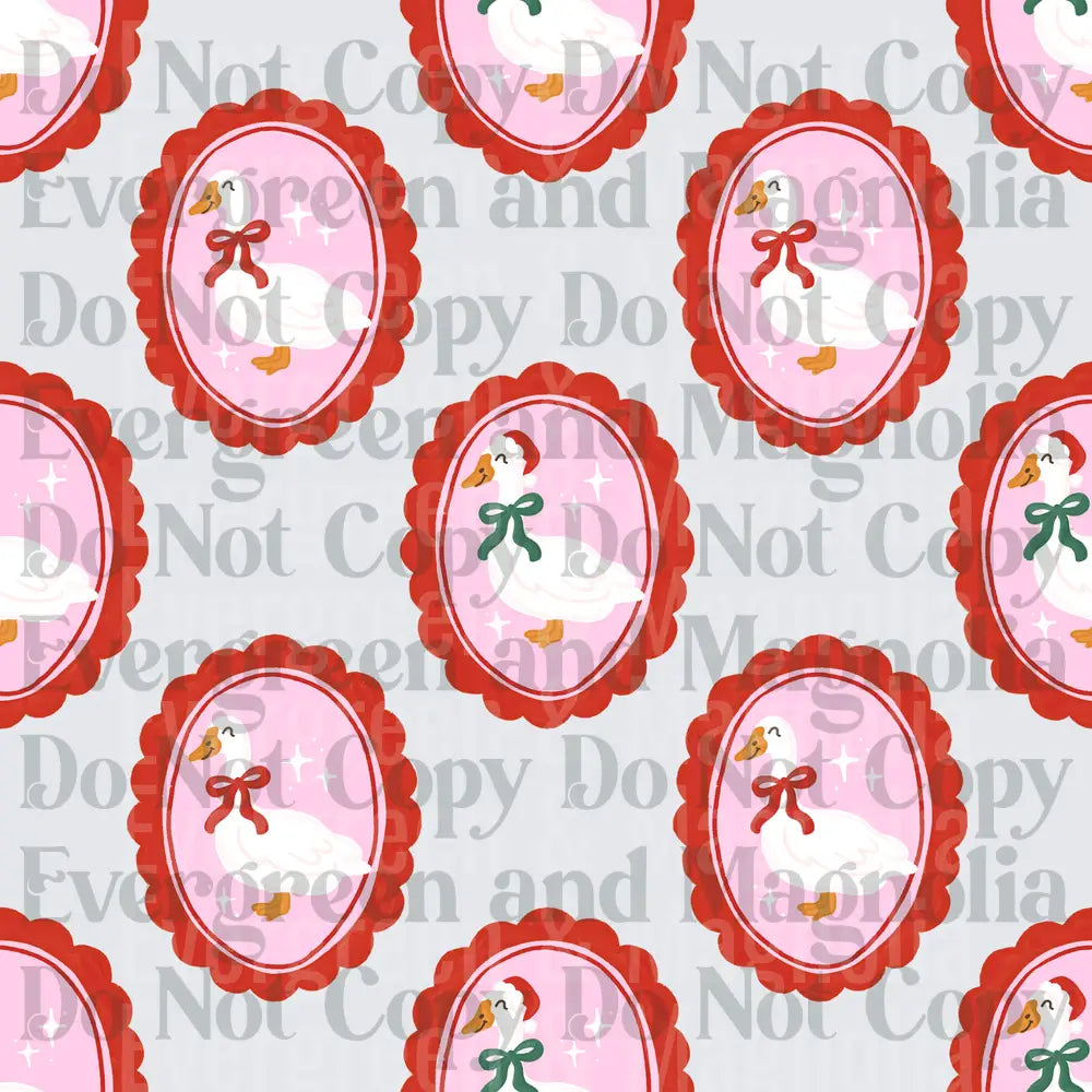 Christmas Geese Cameo Pattern Red Bow Santa Hat Pink