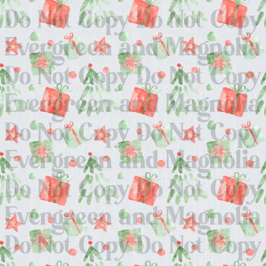 Watercolor Christmas Gifts Trees Stars Seamless Pattern