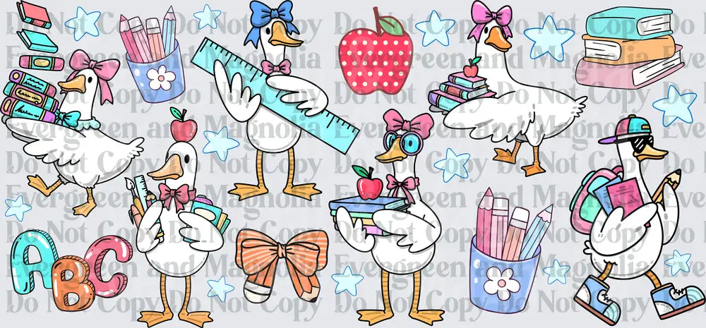 Back to School Cute Geese with Bows and School Supplies