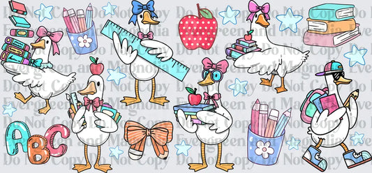 Back to School Cute Geese with Bows and School Supplies