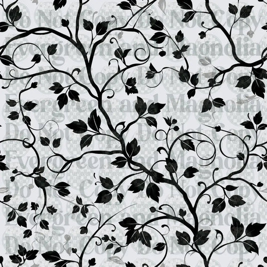 Black and White Swirling Vines and Leaves Seamless Pattern