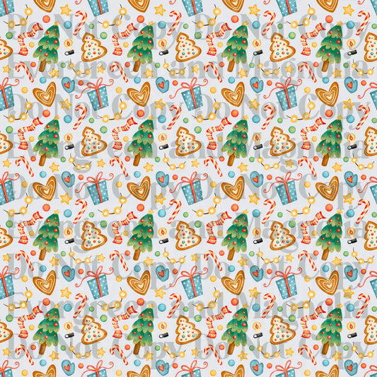 Whimsical Christmas Pattern Gingerbread Trees Candy Canes