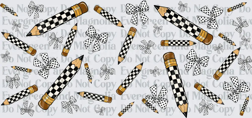 Black White Checkered Pencils Polka Dot Bows Pattern