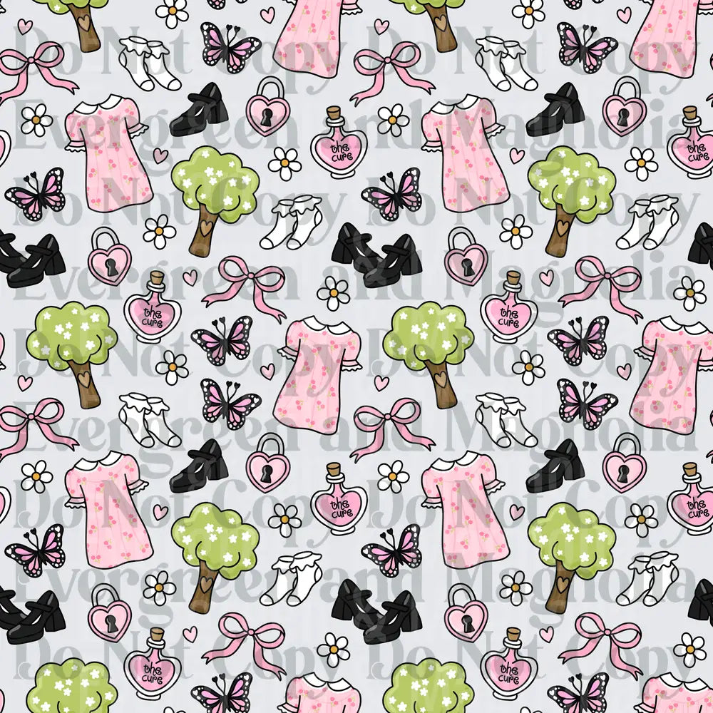 Coquette Pink Dress Bows Butterflies Daisies Seamless Pattern