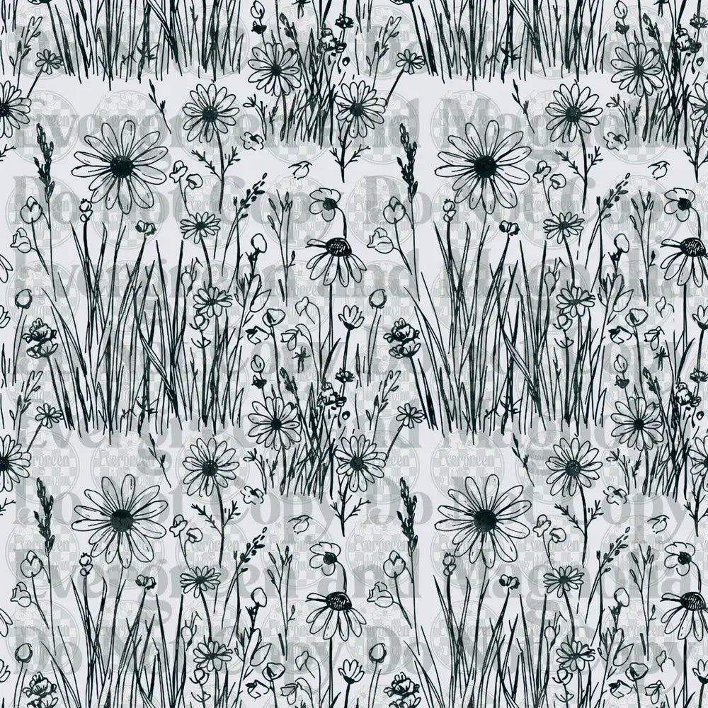 Black and White Wildflower Meadow Line Art Pattern