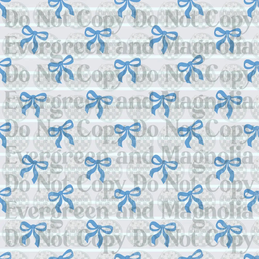 Blue Ribbon Bow Repeat Pattern on White Stripe Background