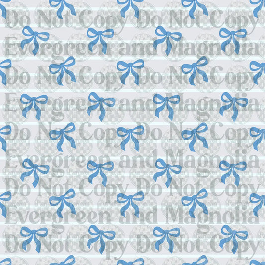 Blue Ribbon Bow Repeat Pattern on White Stripe Background