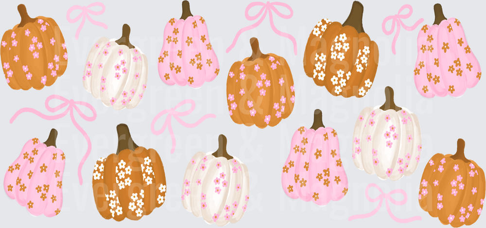 Floral Pumpkin Cluster Pink Orange Cream with Bows