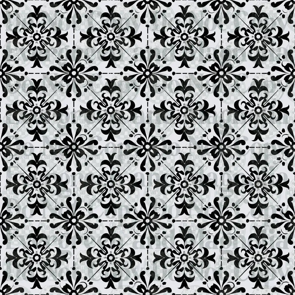Black and White Floral Damask Tile Pattern