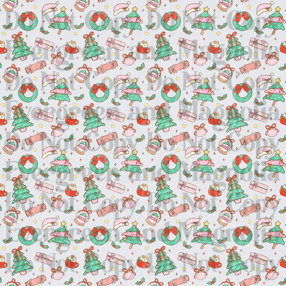 Cute Christmas Pattern Pink Green Holiday Icons Seamless