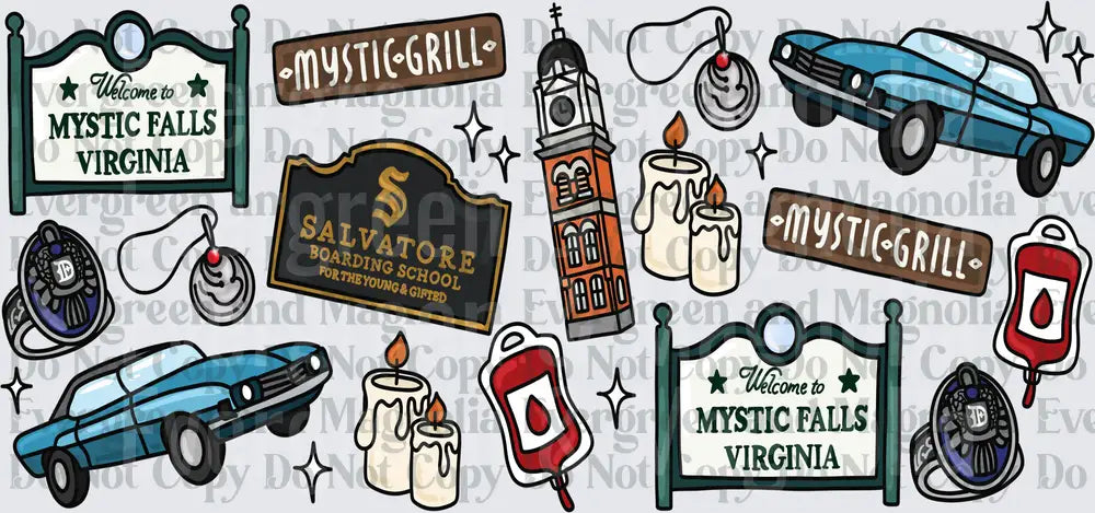 Mystic Falls Virginia Icons Collage with Salvatore School Signs