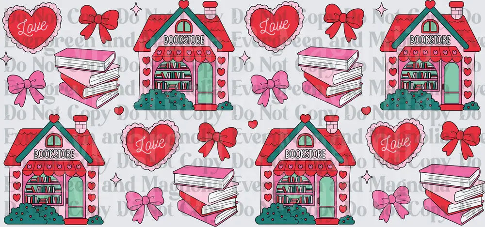 Valentine Bookstore Hearts Bows and Books Pattern