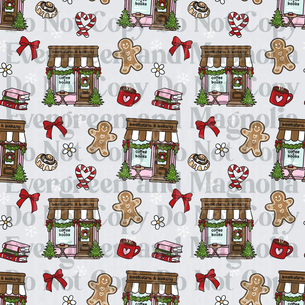 Christmas Bookstore Bakery Seamless Pattern Gingerbread