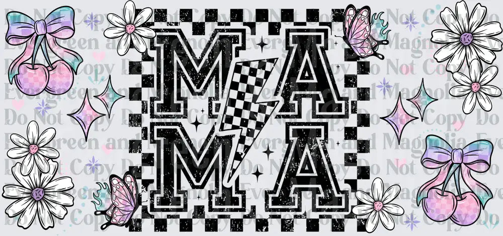 Checkered MAMA Lightning Bolt Coquette Bow Cherry Floral