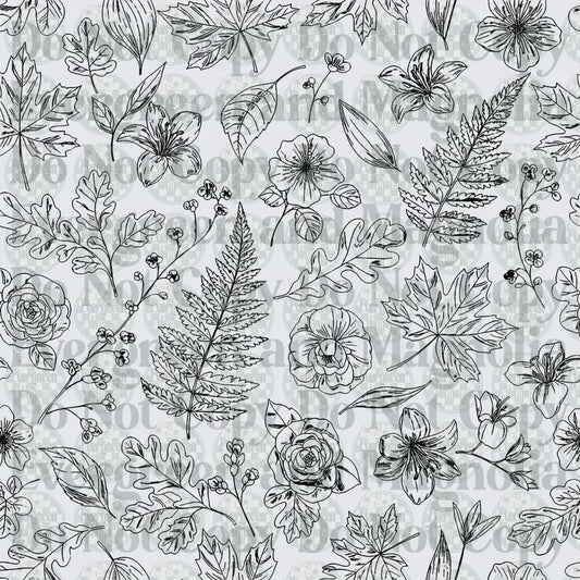 Black and White Botanical Floral Leaf Line Art Pattern