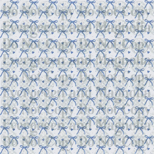 Blue Ribbon Bows Hearts Sparkles Repeat Pattern
