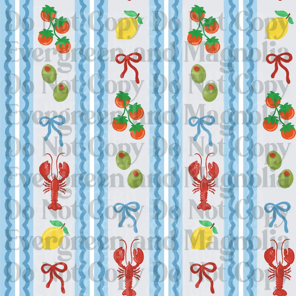 Coastal Stripe Pattern Lobster Lemon Tomato Olive Bow