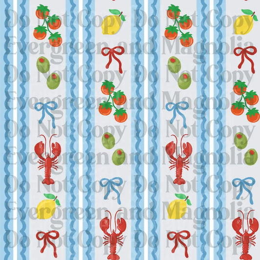 Coastal Stripe Pattern Lobster Lemon Tomato Olive Bow